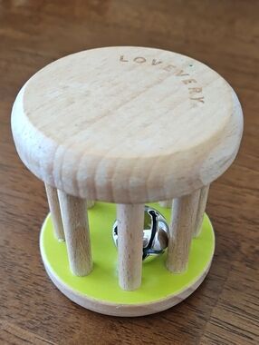 Lovevery wooden rattle with silver metal bell